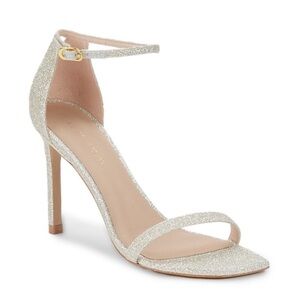 $500 STUART WEITZMAN Nudistcurve Ankle Strap Sandal SILVER Sparkle SIZE 9.5